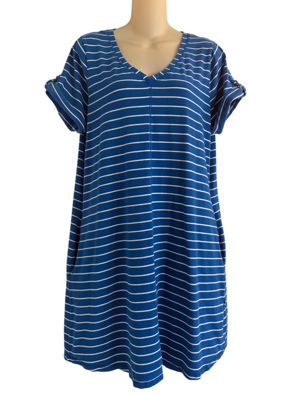 August Silk V-Neck Above Knee Striped Shirt Dress Pockets Size Large Blue